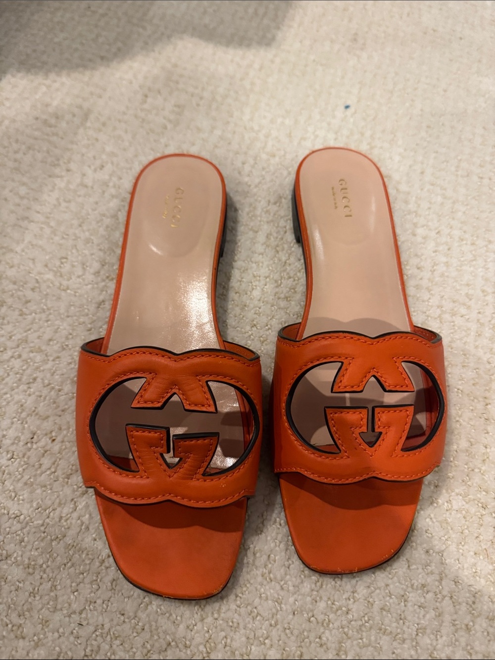 Gucci Orange Open-Toe Logo Slide Sandals